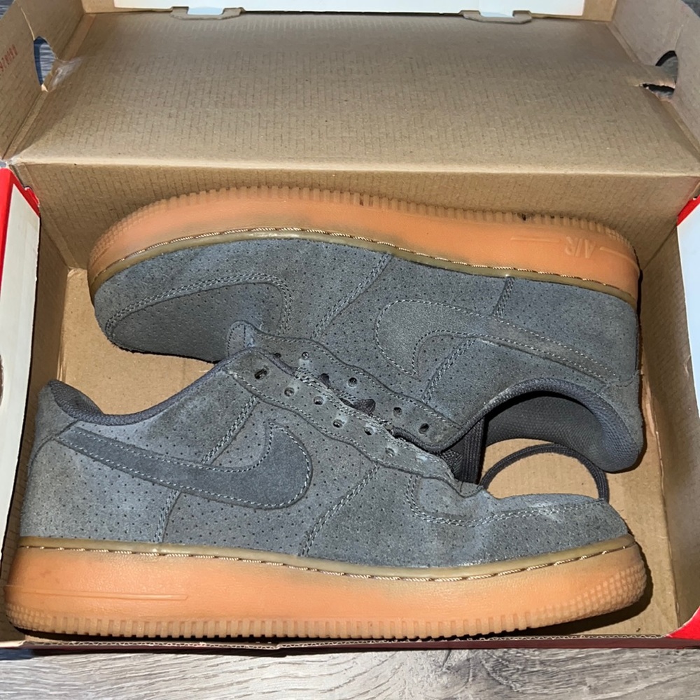 Grey Suede Nike Airforces with yellow gum bottoms, old